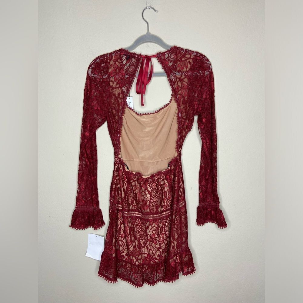 NWT For Love and Lemons Emerie Mini Burgundy Red Dress Lace Long Sleeves Size S - Picture 7 of 10